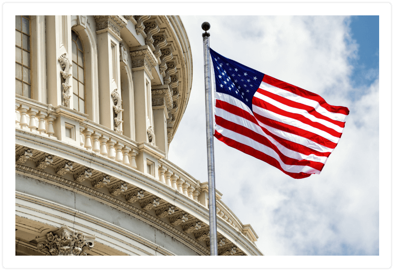 USA flag in front of federal building 